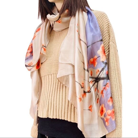 Oversized Silk Scarf Floral Print Headscarf, Neck Wrap Scarf NEW - Picture 2 of 4